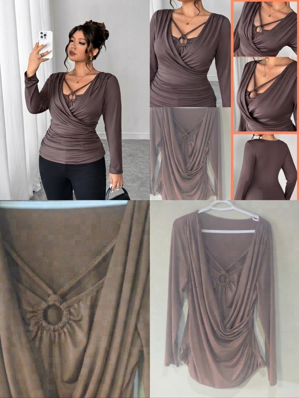 SHEIN Brown Cowl Neck Top Long Sleeve Ring Cutout Ruched Blouse